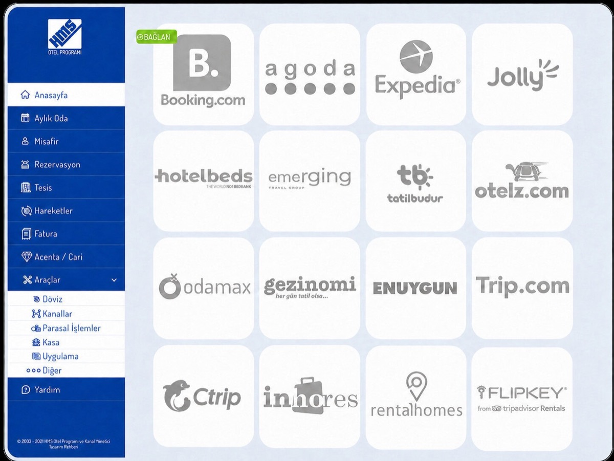 HMS kanal yöneticisi kanallar ekranı: Booking.com, Agoda, Expedia, Jolly, Hotelbeds, Tatilbudur, Otelz, Odamax, Gezinomi, Enuygun, Trip.com, Ctrip ve diğer kanallar