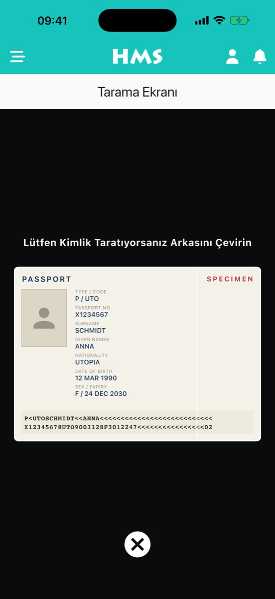HMS mobil kimlik tarama ekranı: pasaportun MRZ alanının kamerayla okunması