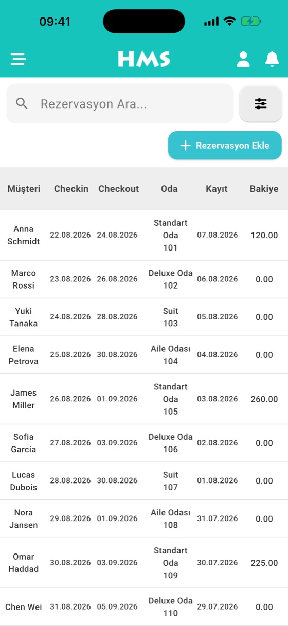 HMS mobil rezervasyon listesi: misafir, giriş-çıkış tarihi, oda ve bakiye; arama ve rezervasyon ekleme